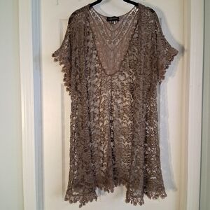 Lacy Brown Cardigan Kimono Floral Lace Short Sleeve By Modern Attraction Plus 2x